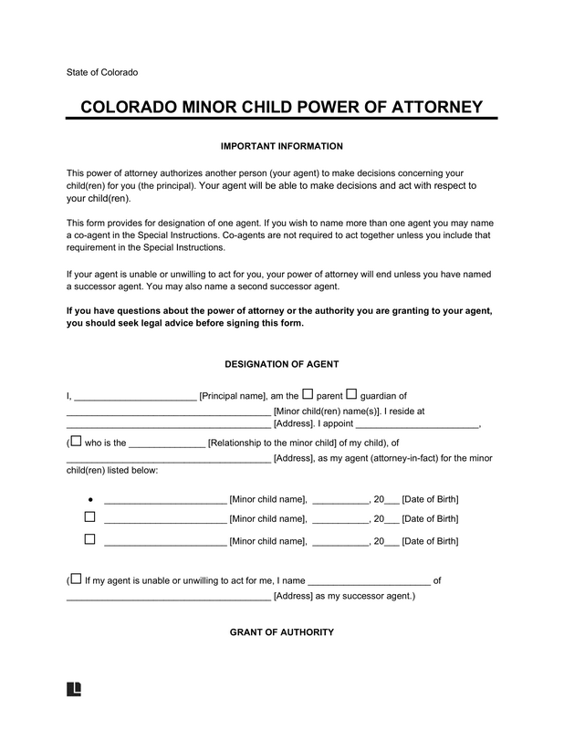 Power of Attorney for a Child Power of Attorney for a Child